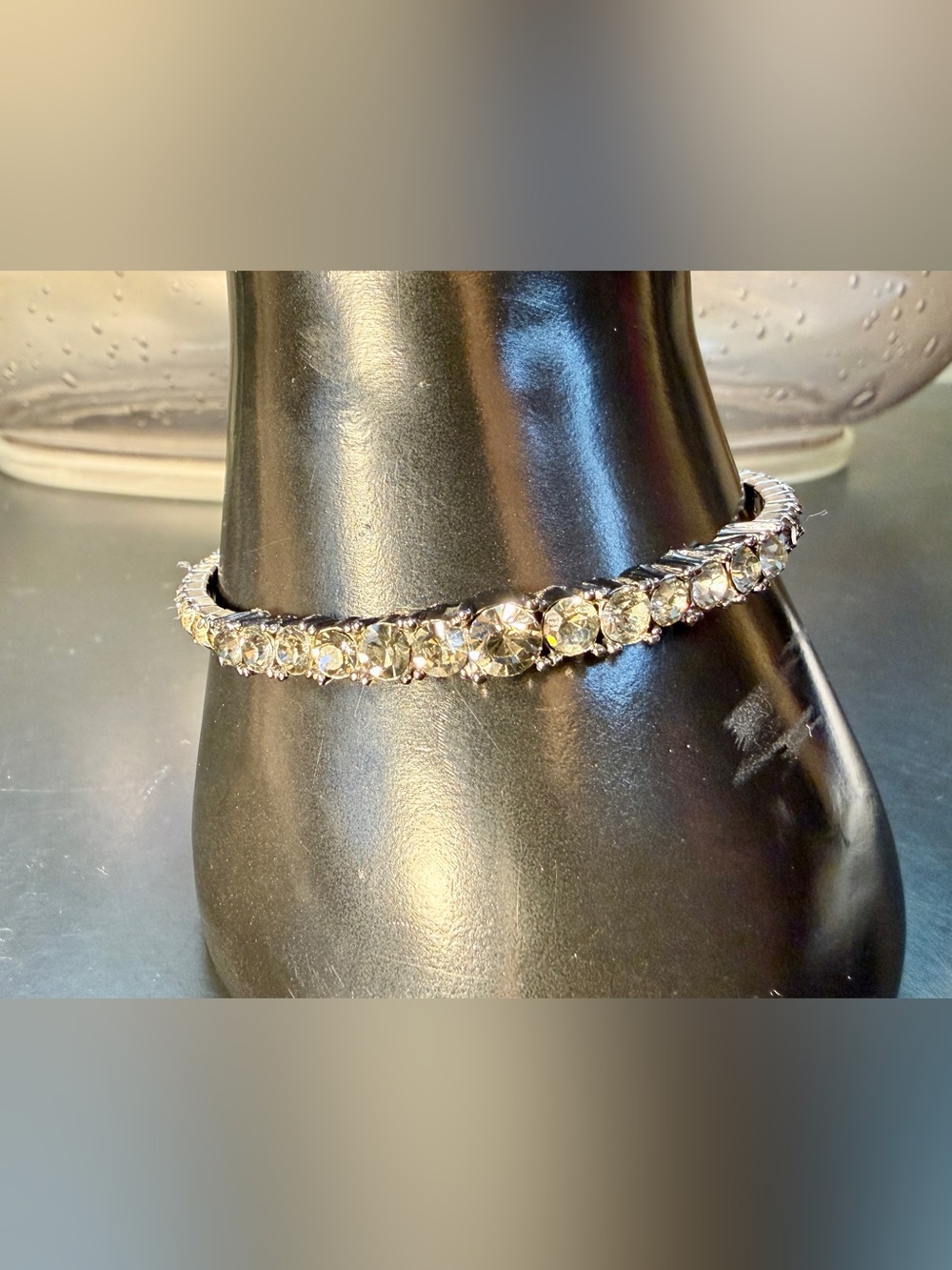 Vintage Gun Metal Gray Tone Rhinestone Flexible Cuff Bracelet